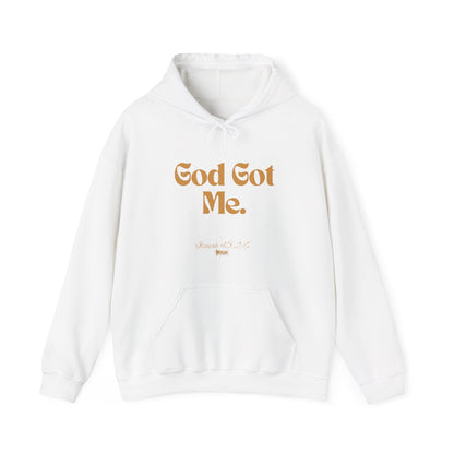 God Got Me Unisex Heavy Blend™ Hoodie, Gold Emblem