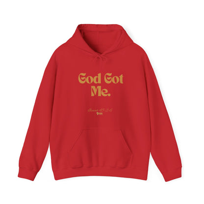 God Got Me Unisex Heavy Blend™ Hoodie, Gold Emblem