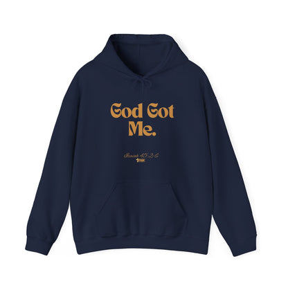 God Got Me Unisex Heavy Blend™ Hoodie, Gold Emblem